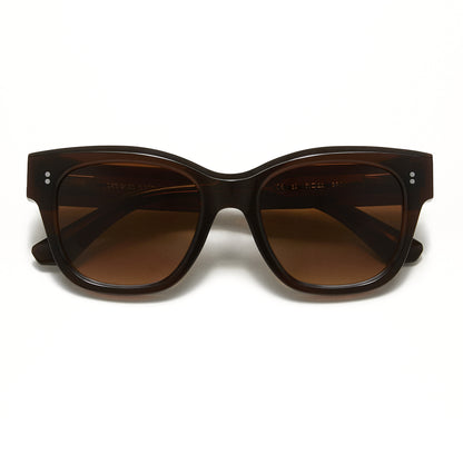 A pair of cat-eye sunglasses with a dark brown translucent acetate frame and matching brown gradient lenses, shown against a plain white background.