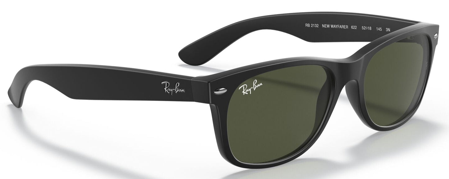Ray-Ban 2132 New Wayfarer Black Rubber G15 Green RB2132 622 (55)