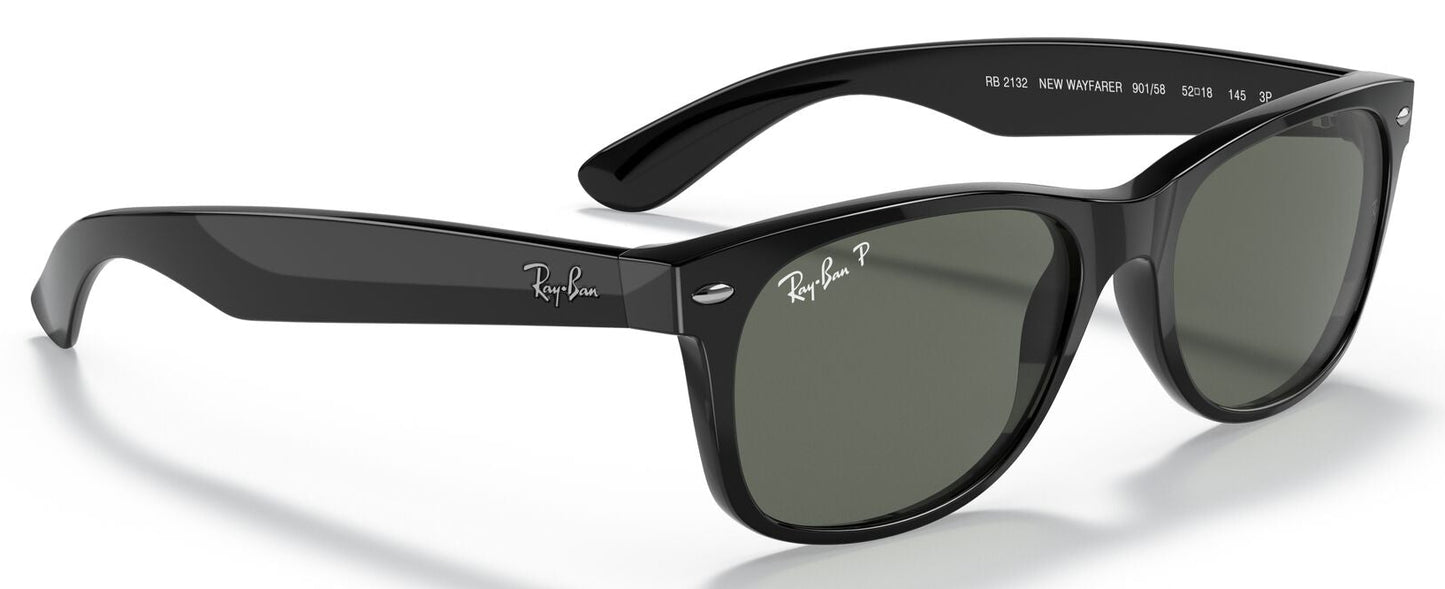 Ray-Ban 2132 New Wayfarer Polarised Gloss Black G15 Green RB2132 901/58 (55)