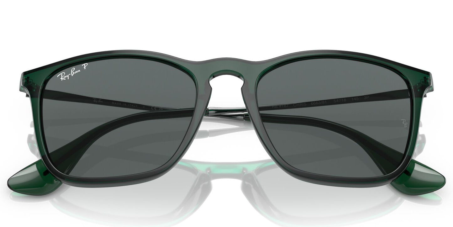 Ray-Ban 4187 Chris Polarised Transparent Green Dark Grey RB4187 666381 (54)