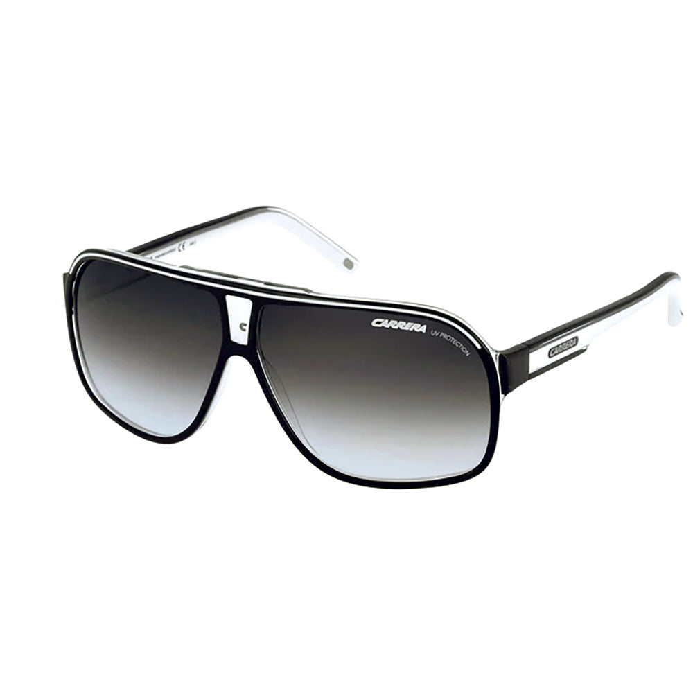 Carrera aviator sunglasses with a black and silver metal frame and gradient gray lenses, shown on a plain white background.