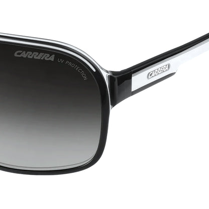 Close-up of a Carrera sunglasses frame showing a glossy black acetate border, a dark gray gradient lens, and a white temple arm with the Carrera logo.