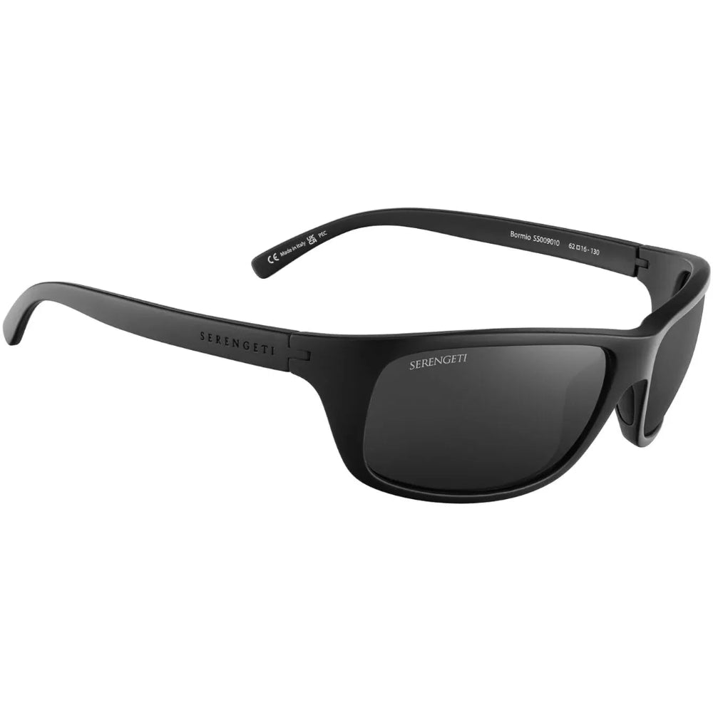 SERENGITI sunglasses with a matte black frame and dark lenses, shown from a three-quarters angle on a white background.