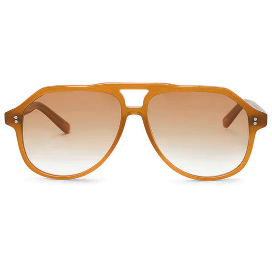 A pair of aviator-style sunglasses with a translucent amber-orange frame and gradient brown lenses, shown against a plain white background.