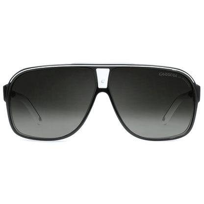 Carrera aviator sunglasses with a black frame and dark gray gradient lenses, shown against a plain white background.