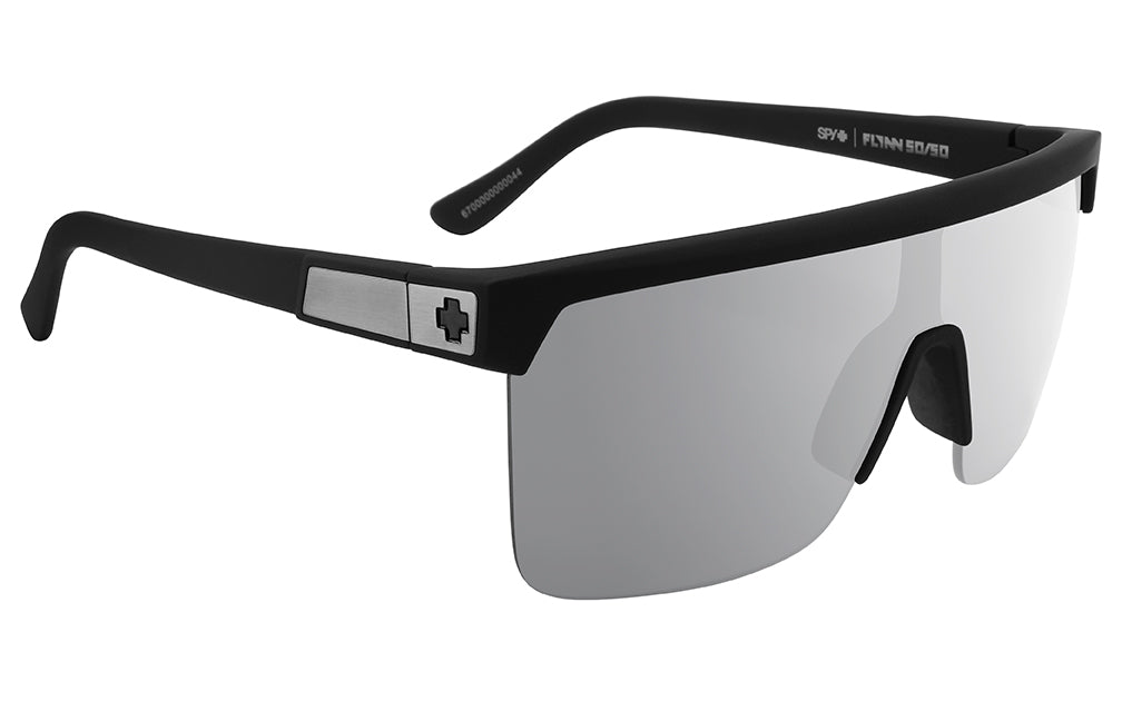 SPY Flynn Sunglasses – Soft Matte Black Frame, Happy Gray Lens With Green Polarized & Silver Mirror Finish